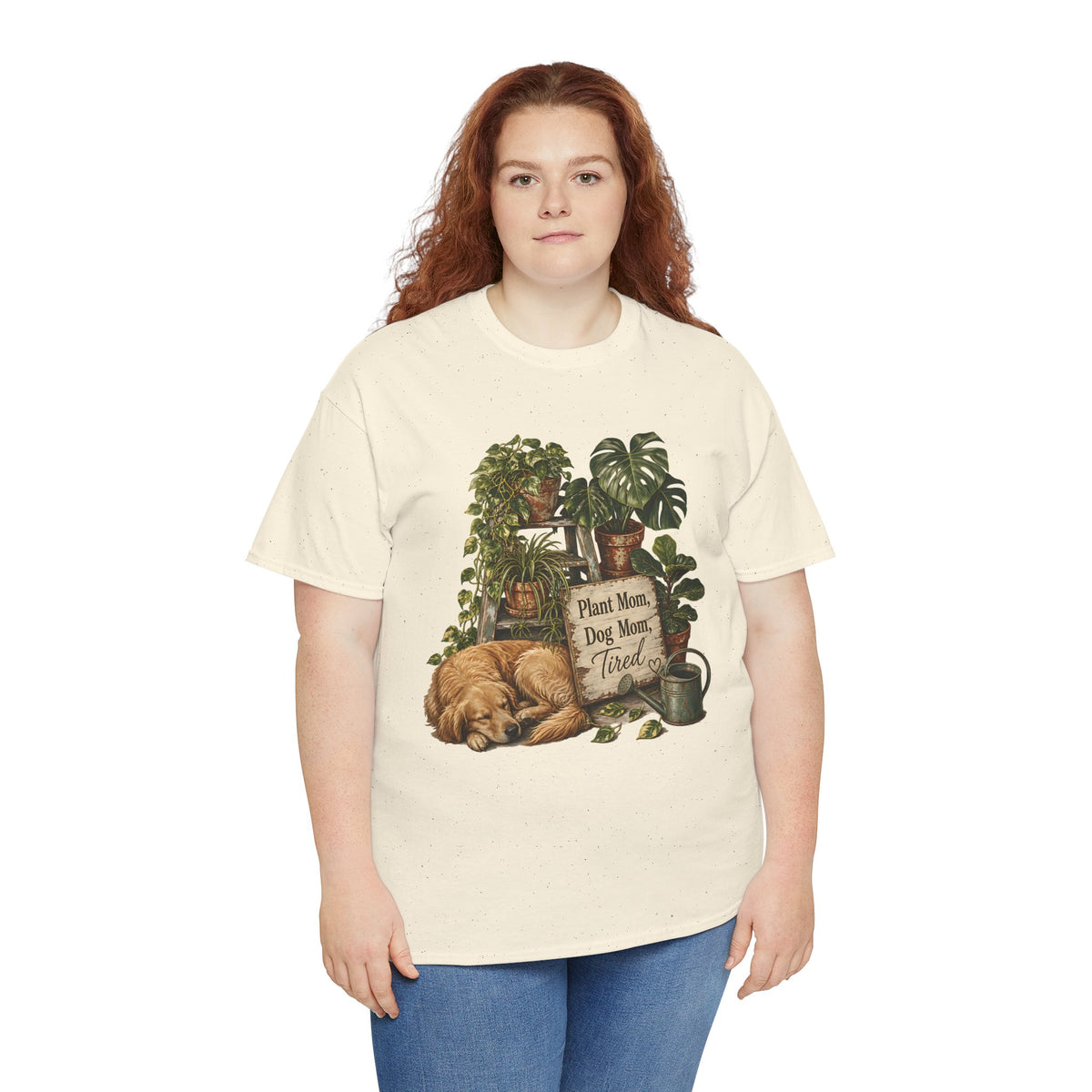 Plant Mom Dog Mom T-Shirt — Cozy Plant Lover Tee with Sleeping Dog Design