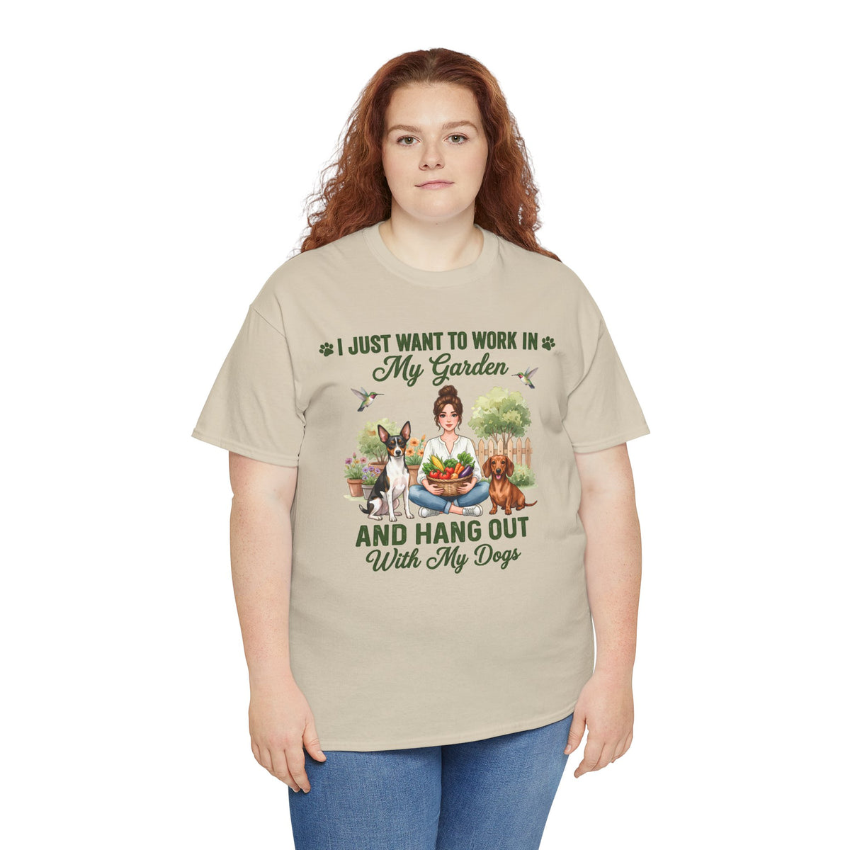 I Just Want to Work in My Garden and Hang Out With My Dogs Unisex T-Shirt — cheerful design showing a woman surrounded by fresh vegetables