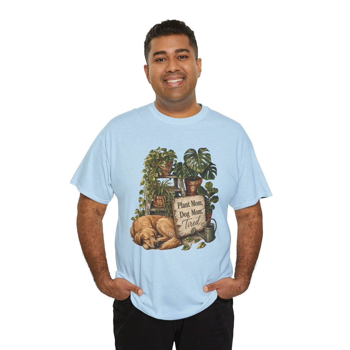 Plant Mom Dog Mom T-Shirt — Cozy Plant Lover Tee with Sleeping Dog Design