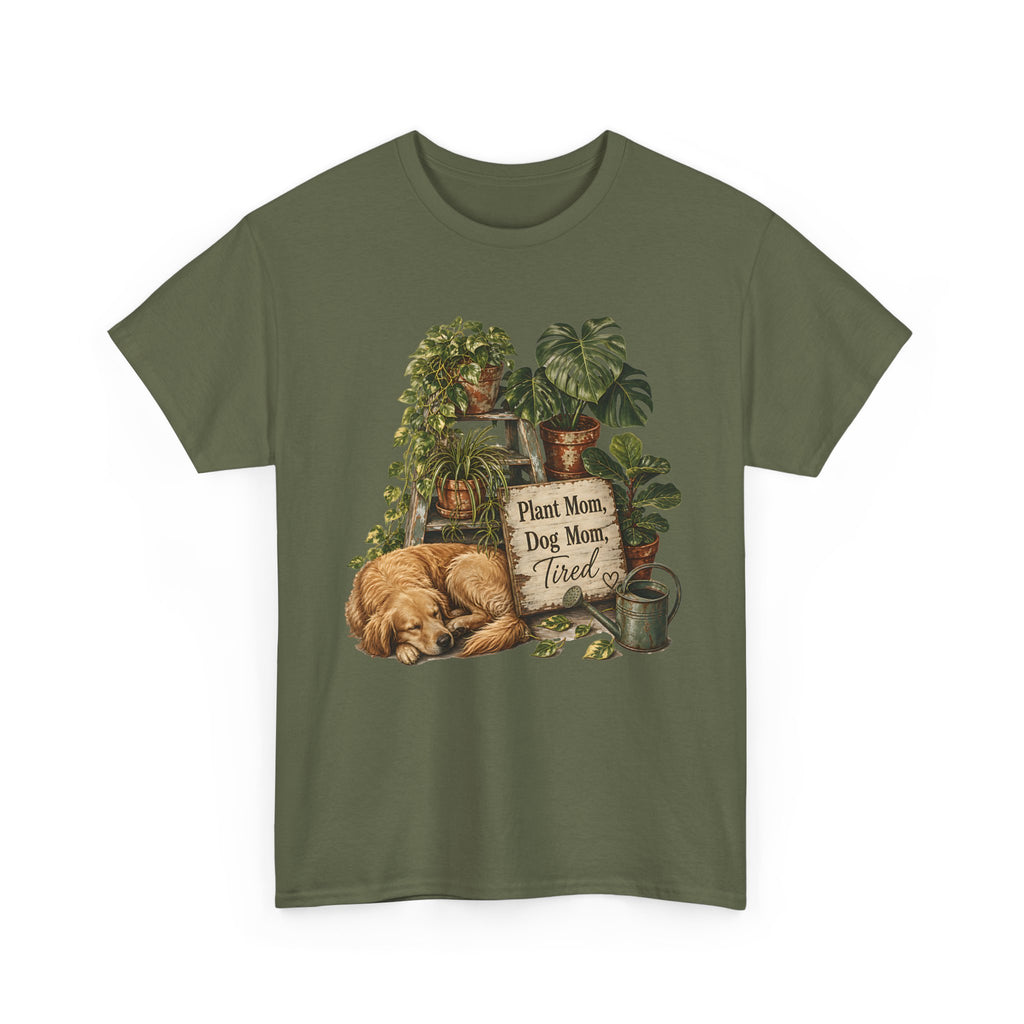 Plant Mom Dog Mom T-Shirt — Cozy Plant Lover Tee with Sleeping Dog Design