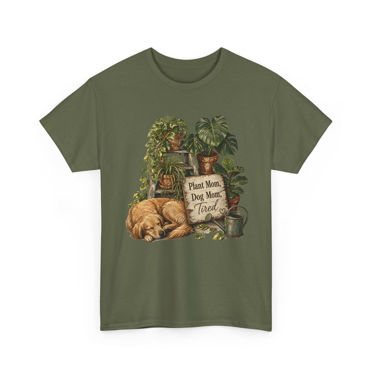 Plant Mom Dog Mom T-Shirt — Cozy Plant Lover Tee with Sleeping Dog Design