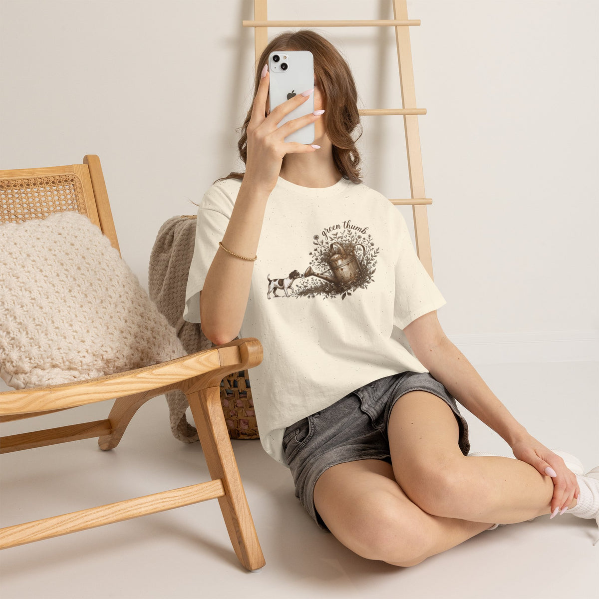 Green Thumb T-Shirt — Vintage Garden Watering Can & Puppy Graphic
