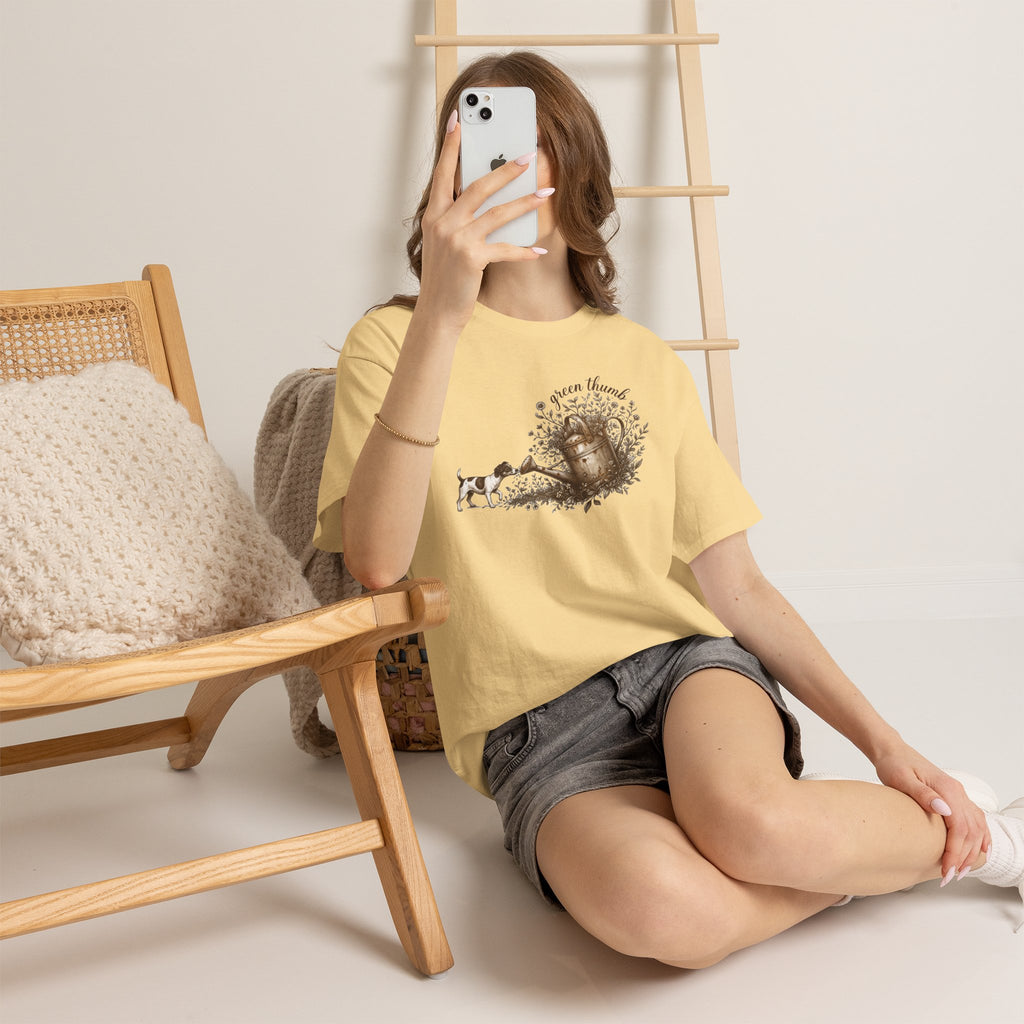 Green Thumb T-Shirt — Vintage Garden Watering Can & Puppy Graphic