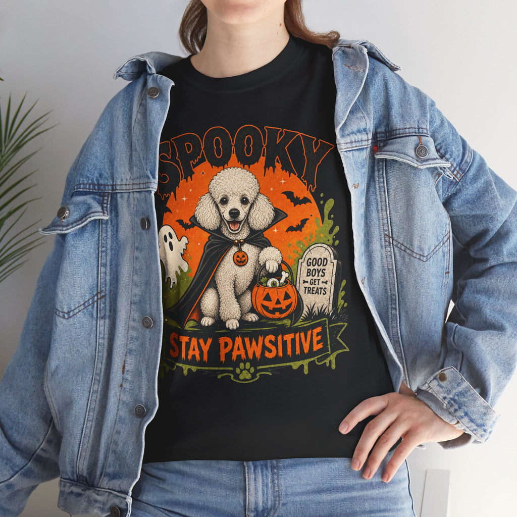 Spooky Stay Pawsitive Unisex T-Shirt — a vampire-caped white Poodle