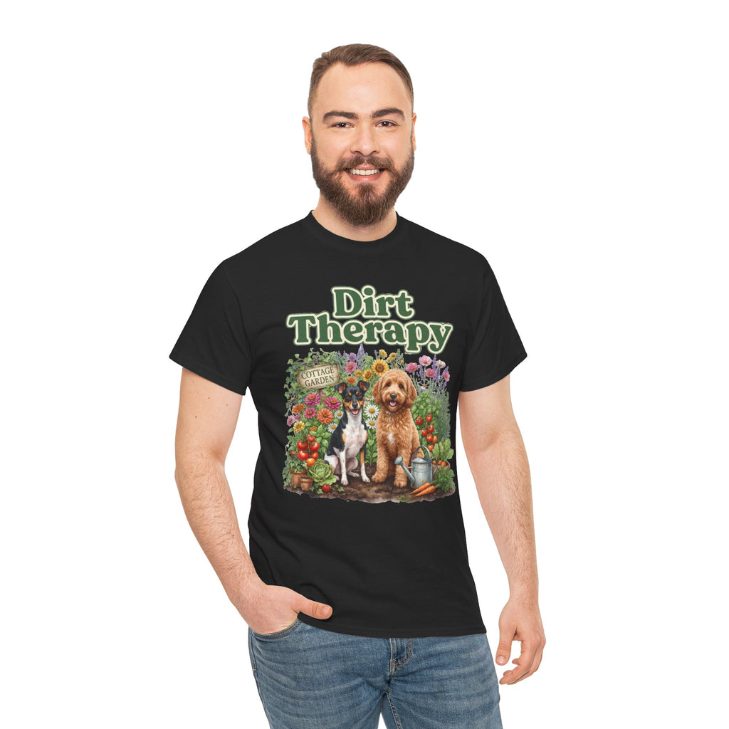 Dirt Therapy Gardening T‑Shirt — Dogs & Flowers Garden Lover Tee