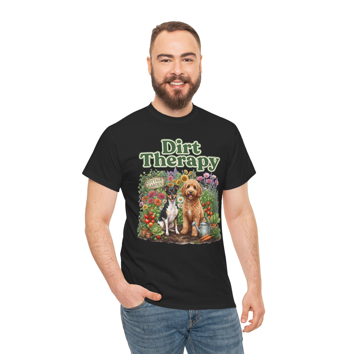 Dirt Therapy Gardening T‑Shirt — Dogs & Flowers Garden Lover Tee