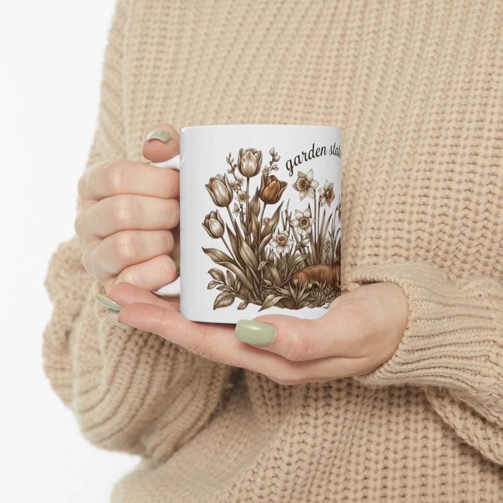Garden State of Mind Ceramic Mug — Dachshund & Vintage Floral Coffee Cup (11oz/15oz)