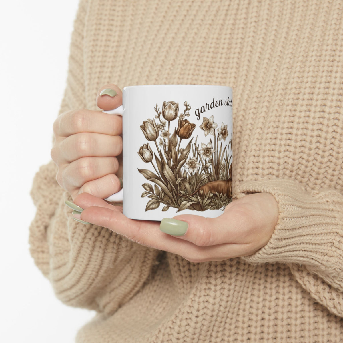 Garden State of Mind Ceramic Mug — Dachshund & Vintage Floral Coffee Cup (11oz/15oz)