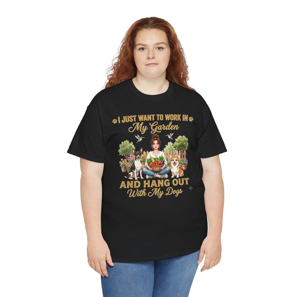 I Just Want to Work in My Garden and Hang Out With My Dogs Unisex T-Shirt — woman among potted plants with her dogs