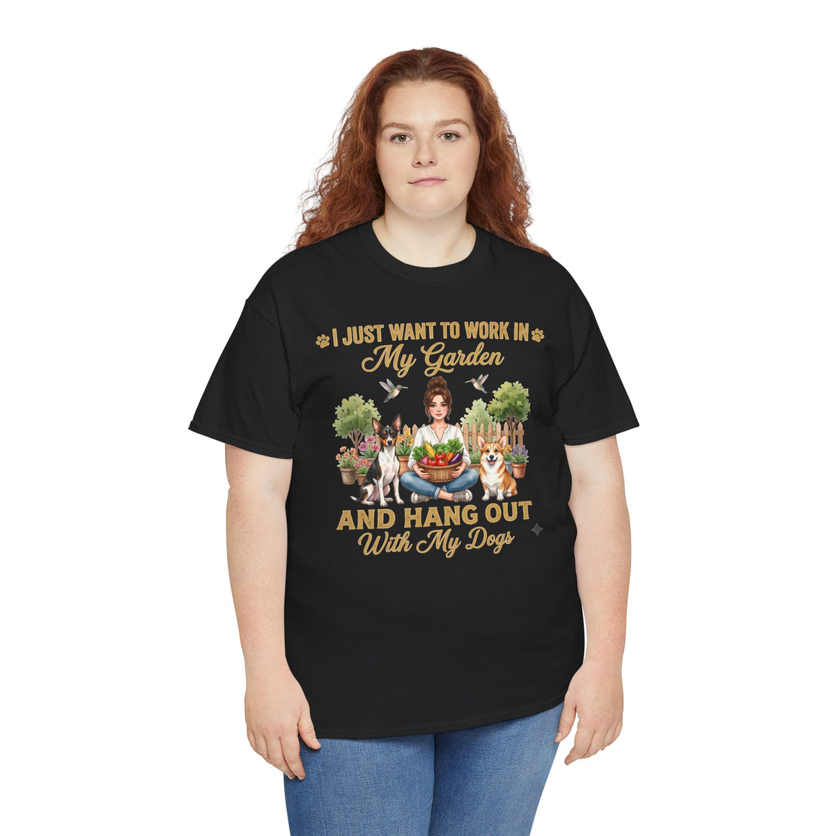 I Just Want to Work in My Garden and Hang Out With My Dogs Unisex T-Shirt — woman among potted plants with her dogs