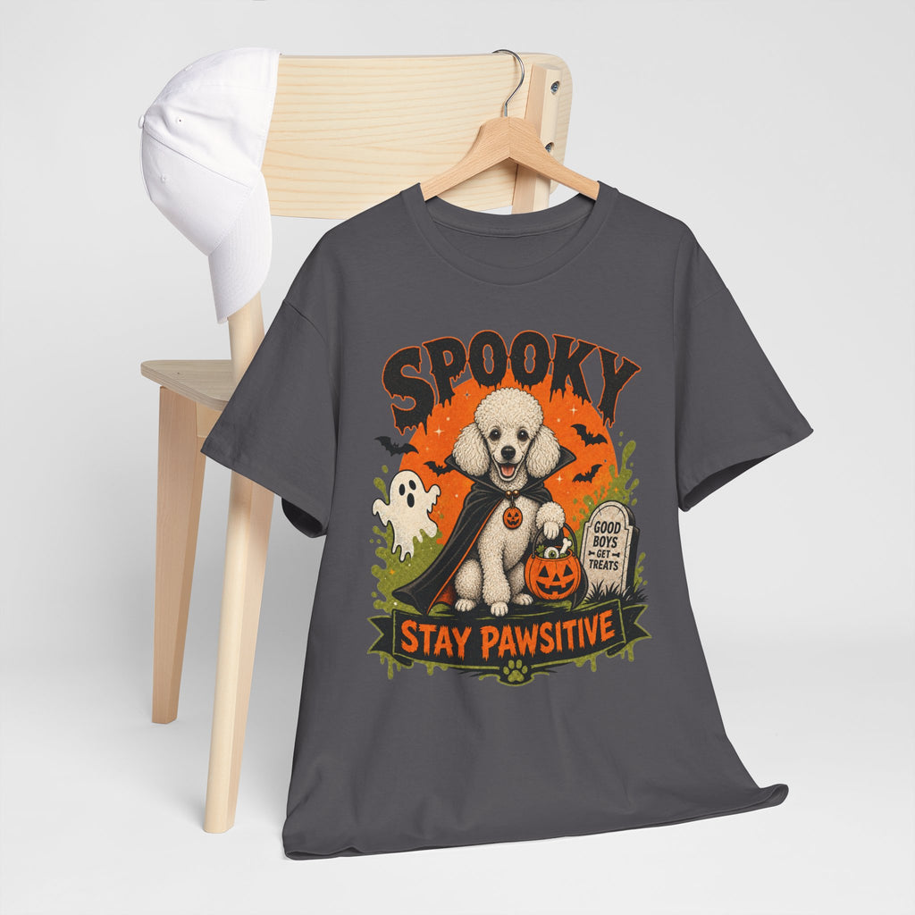 Spooky Stay Pawsitive Unisex T-Shirt — a vampire-caped white Poodle