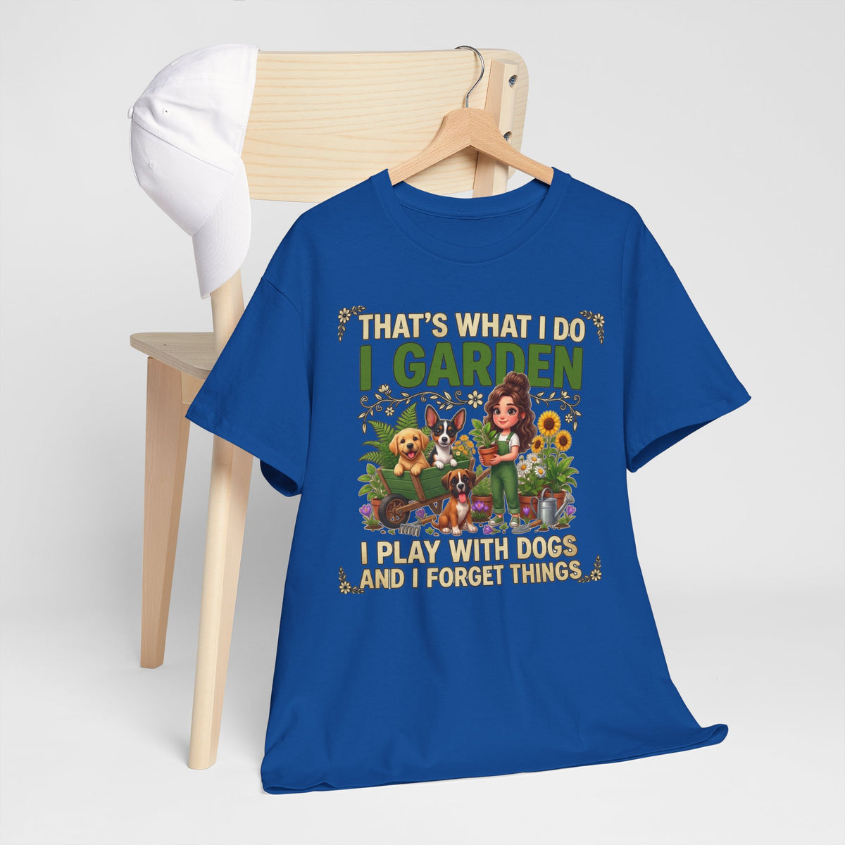 That's What I Do I Garden I Play With Dogs And I Forget Things Unisex T-Shirt — gardener with three dogs among sunflowers