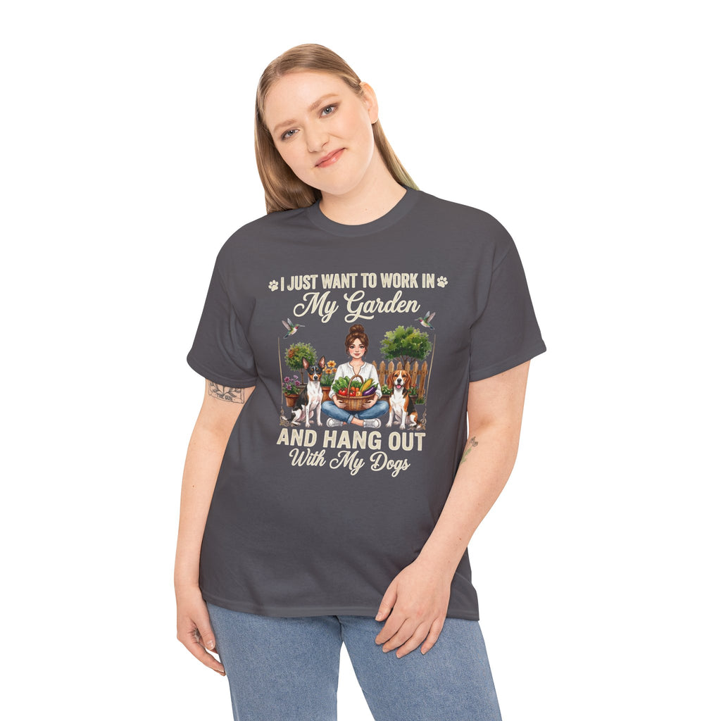 I Just Want to Work in My Garden and Hang Out With My Dogs Unisex T-Shirt — woman sits happily in her garden