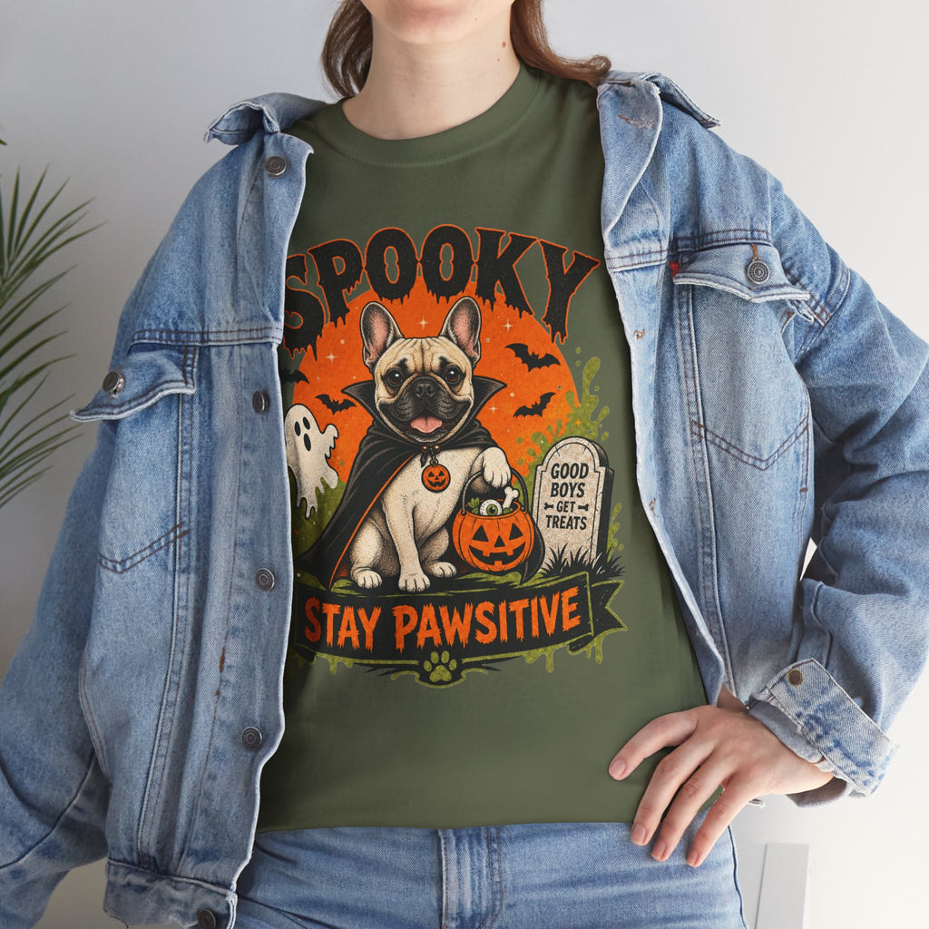Spooky Stay Pawsitive Unisex T-Shirt — a vampire-caped French bulldog