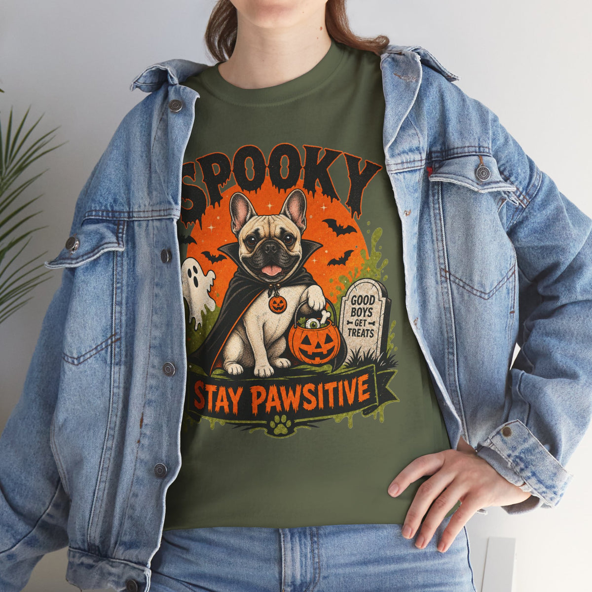 Spooky Stay Pawsitive Unisex T-Shirt — a vampire-caped French bulldog