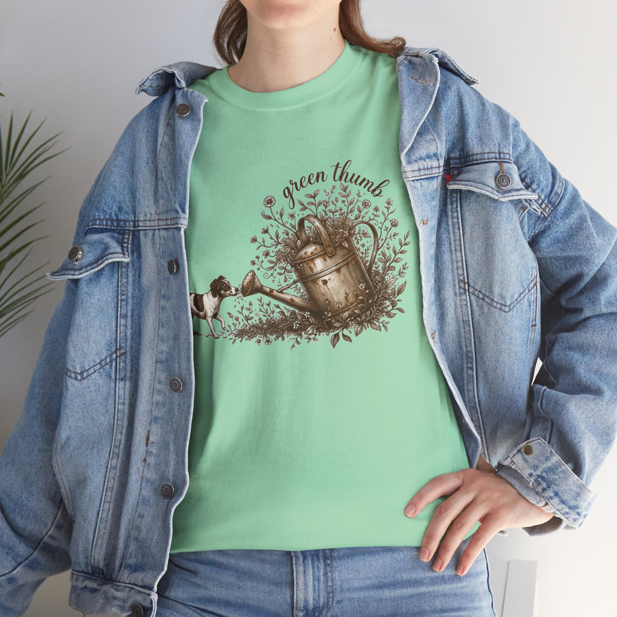 Green Thumb T-Shirt — Vintage Garden Watering Can & Puppy Graphic