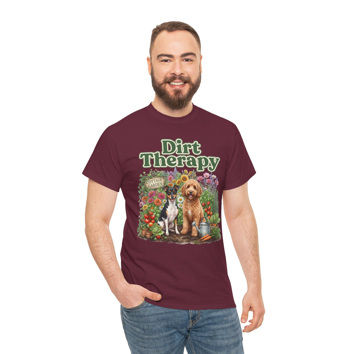 Dirt Therapy Gardening T‑Shirt — Dogs & Flowers Garden Lover Tee