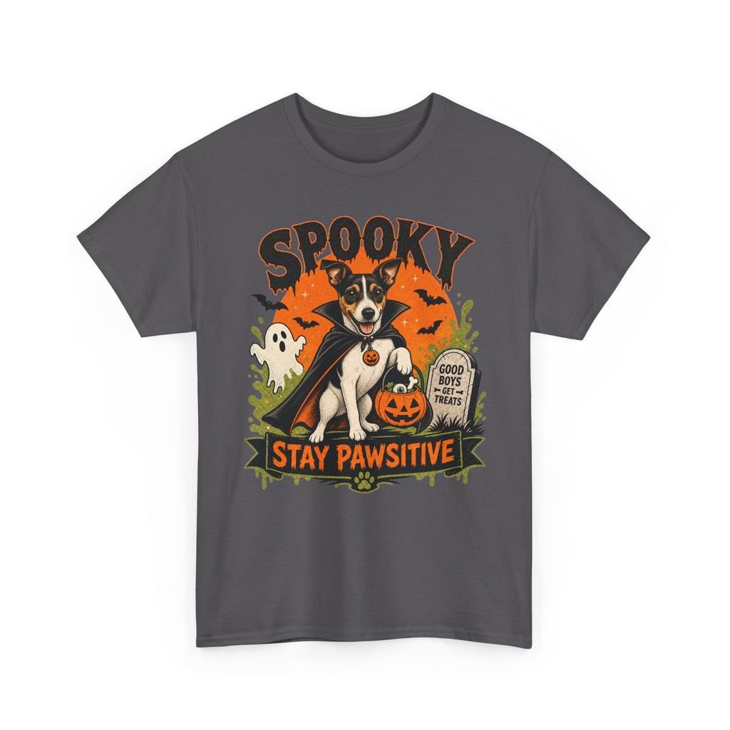 Spooky Stay Pawsitive Unisex T-Shirt — a vampire-caped Jack Russell Terrier