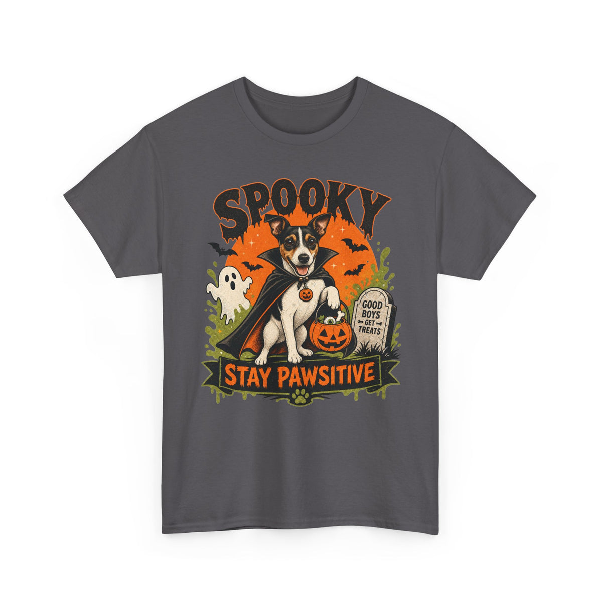 Spooky Stay Pawsitive Unisex T-Shirt — a vampire-caped Jack Russell Terrier