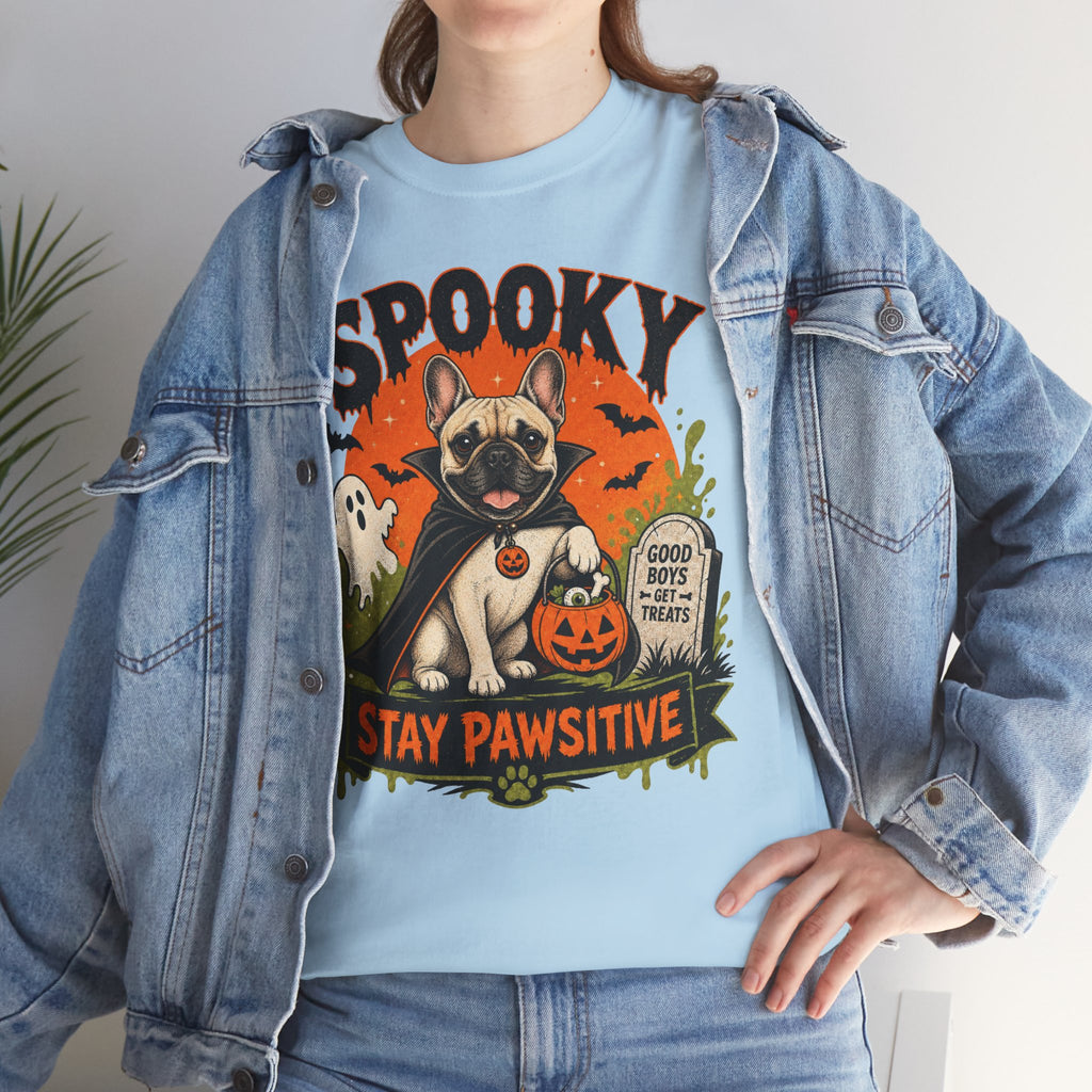 Spooky Stay Pawsitive Unisex T-Shirt — a vampire-caped French bulldog