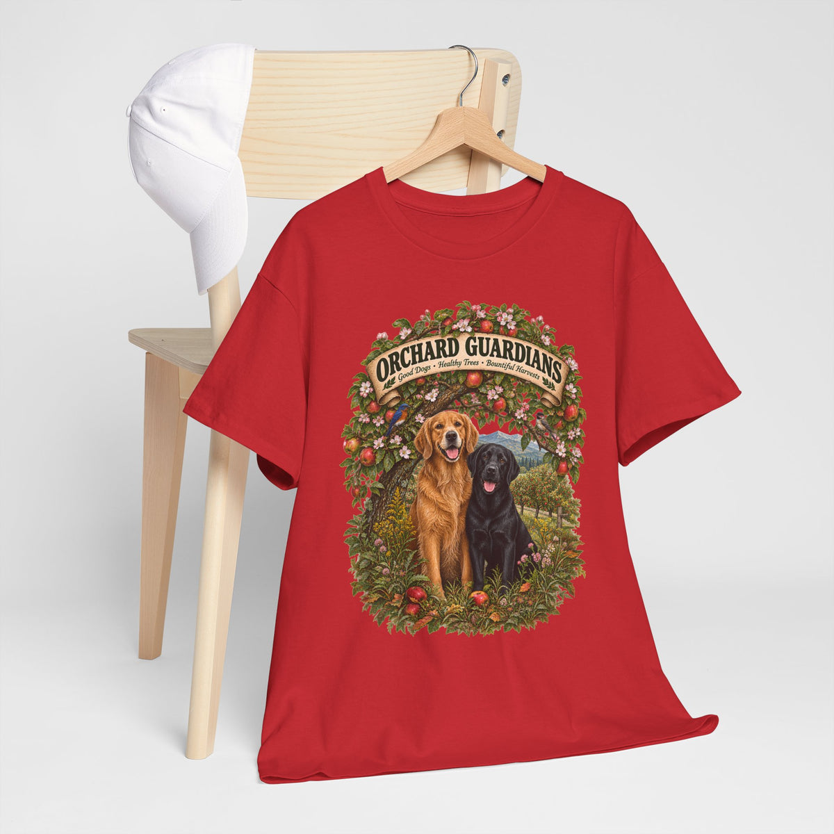 Orchard Guardians T-Shirt — Golden & Black Labrador Dog Tee