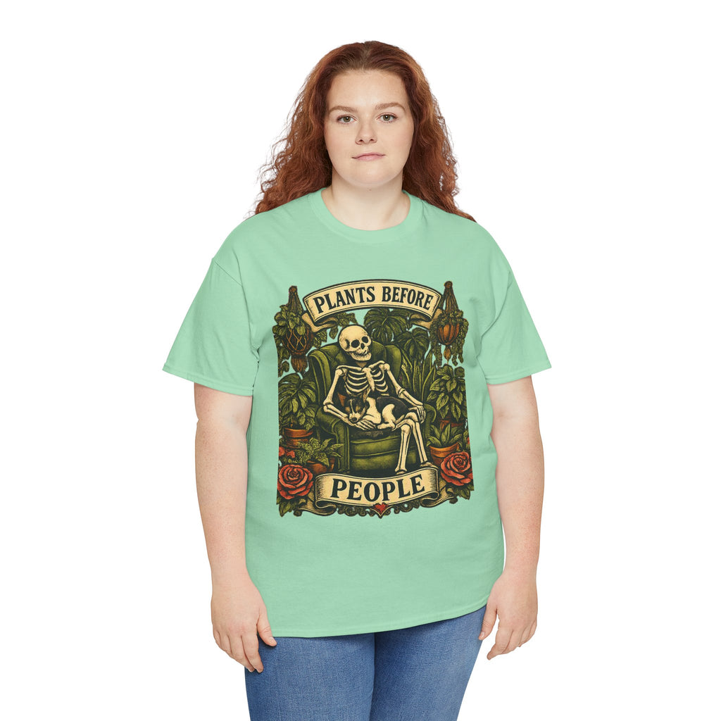 Plants Before People T‑Shirt — Vintage Skeleton Gardening Tee for Plant Lovers