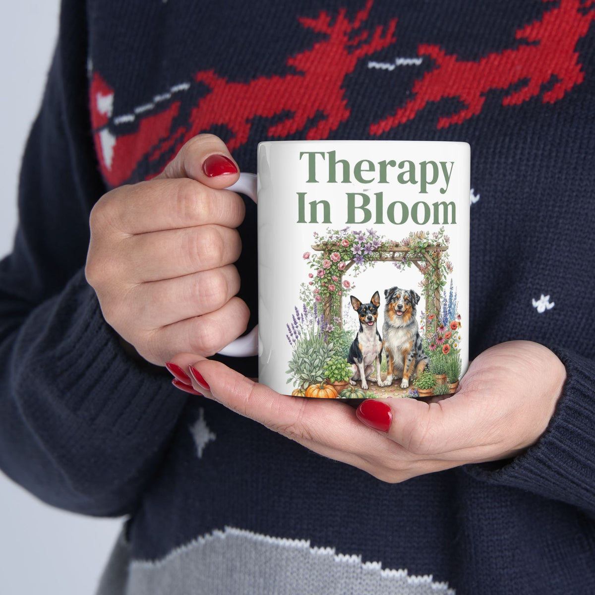 Therapy In Bloom Ceramic Mug – Floral Garden with Dogs 11oz