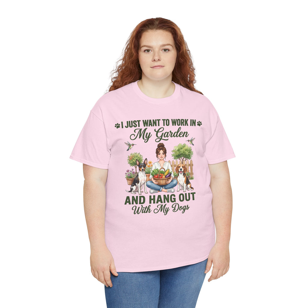 I Just Want to Work in My Garden and Hang Out With My Dogs Unisex T-Shirt — woman relaxes cross-legged in her garden