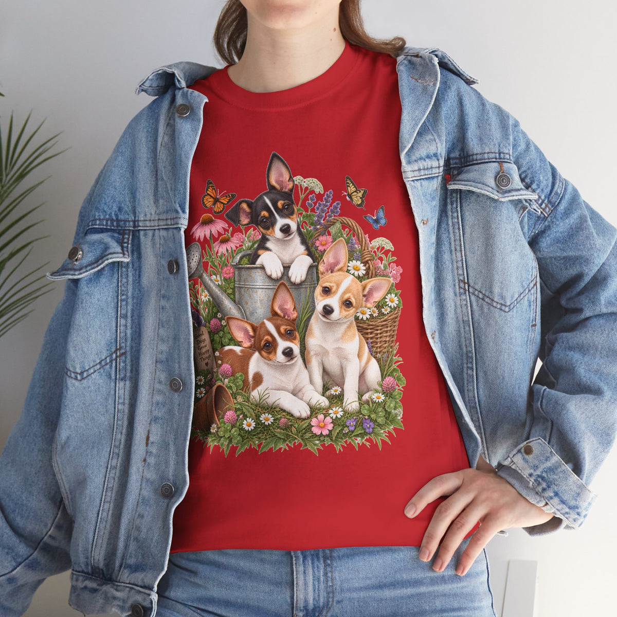 Rat Terrier Garden Tee — Cute Puppies & Floral Watering Can T-Shirt