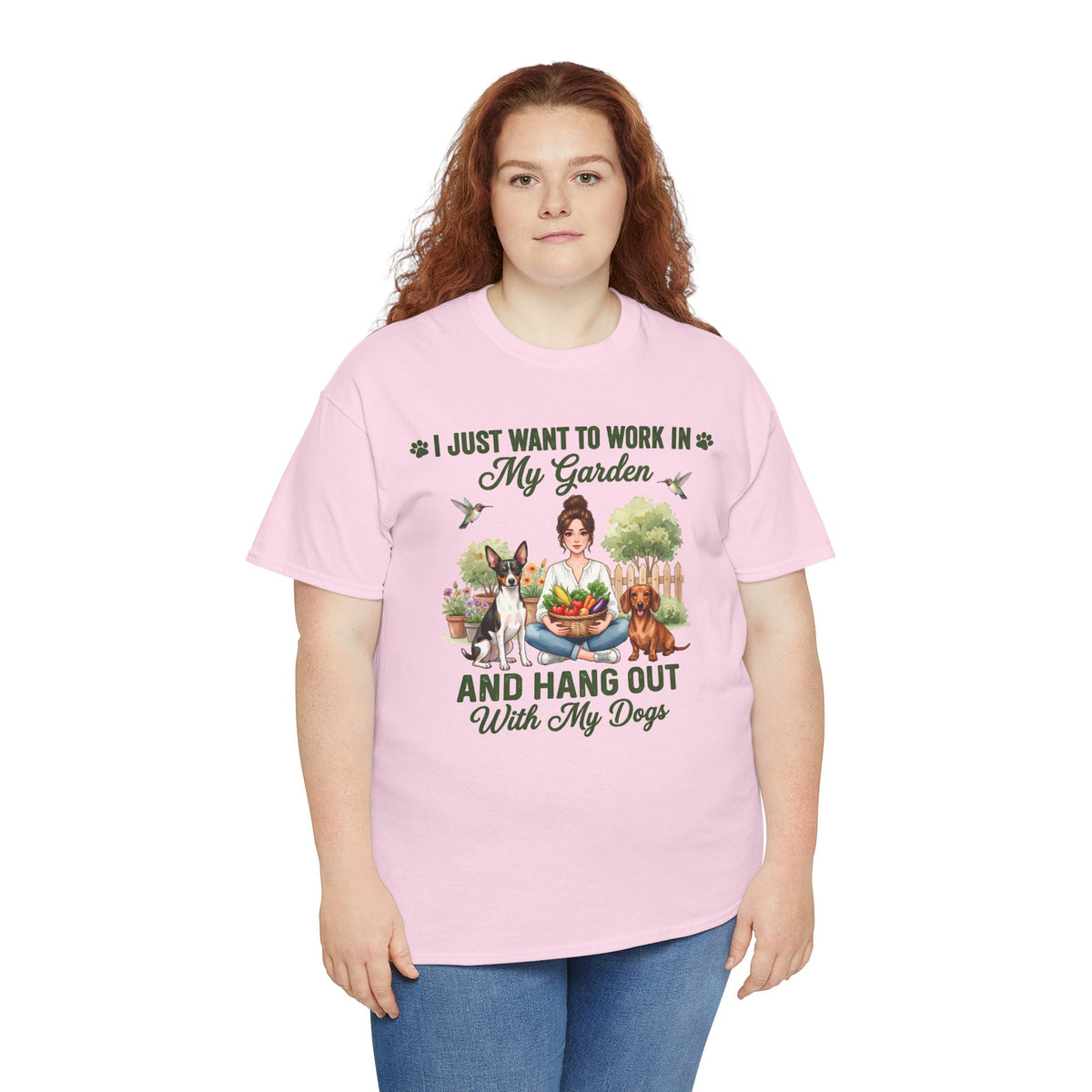 I Just Want to Work in My Garden and Hang Out With My Dogs Unisex T-Shirt — cheerful design showing a woman surrounded by fresh vegetables