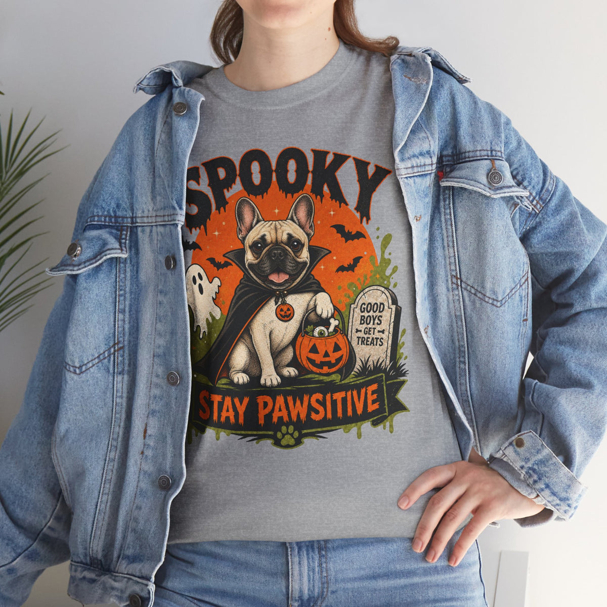 Spooky Stay Pawsitive Unisex T-Shirt — a vampire-caped French bulldog