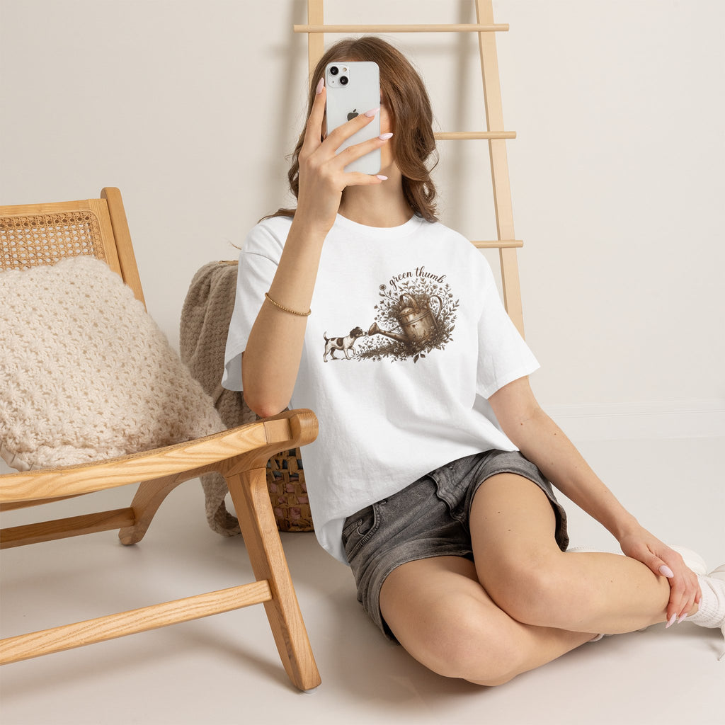 Green Thumb T-Shirt — Vintage Garden Watering Can & Puppy Graphic
