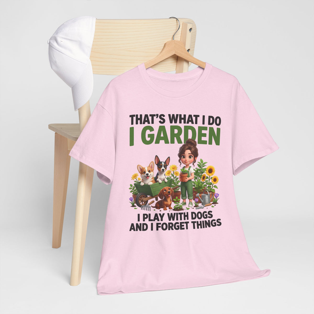 That's What I Do I Garden I Play With Dogs And I Forget Things Unisex T-Shirt — corgi, dachshund & rat terrier (v2)