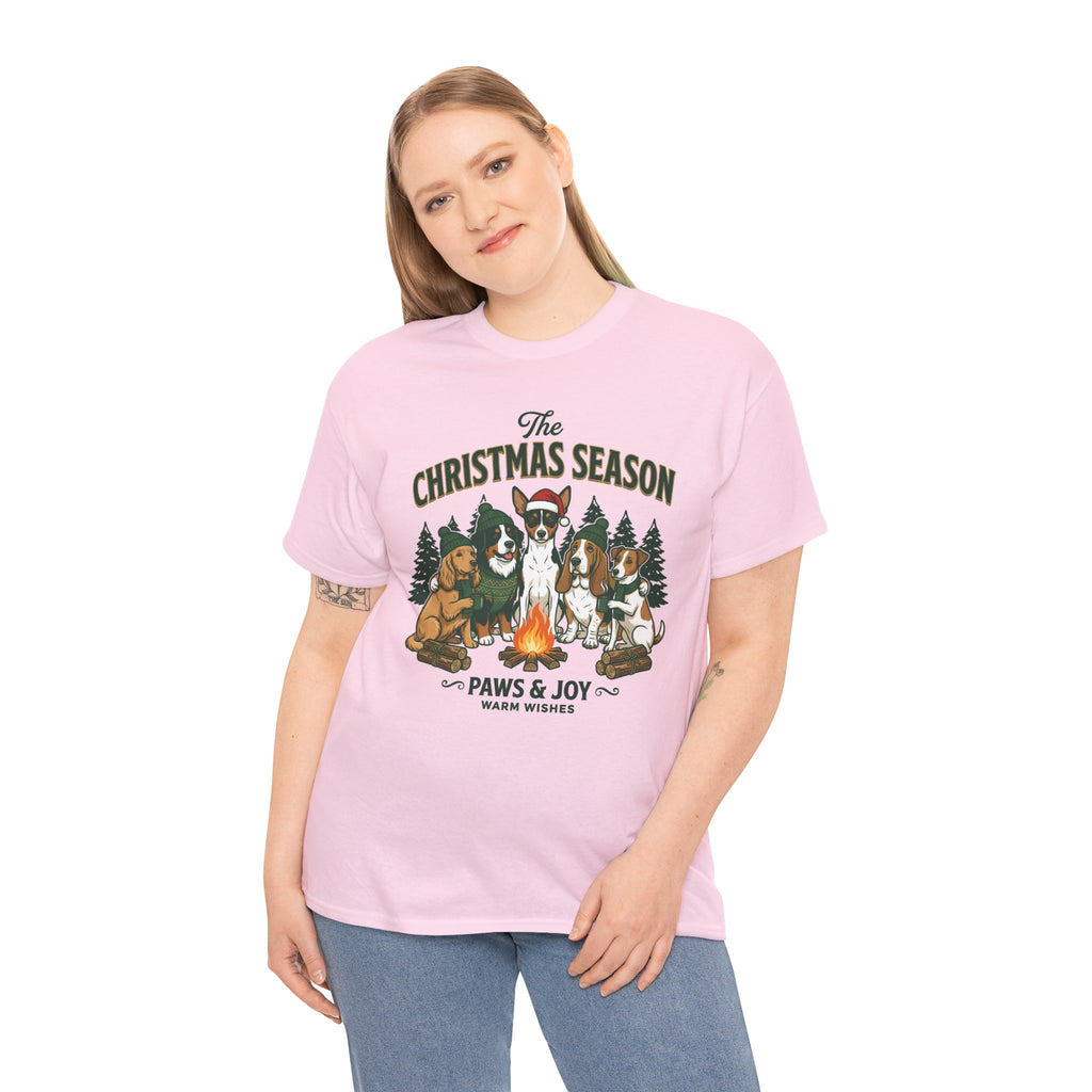 The Christmas Season Unisex T-Shirt — dogs relax around a crackling campfire