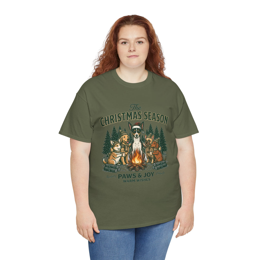 The Christmas Season Unisex T-Shirt — dogs settle in around a crackling campfire