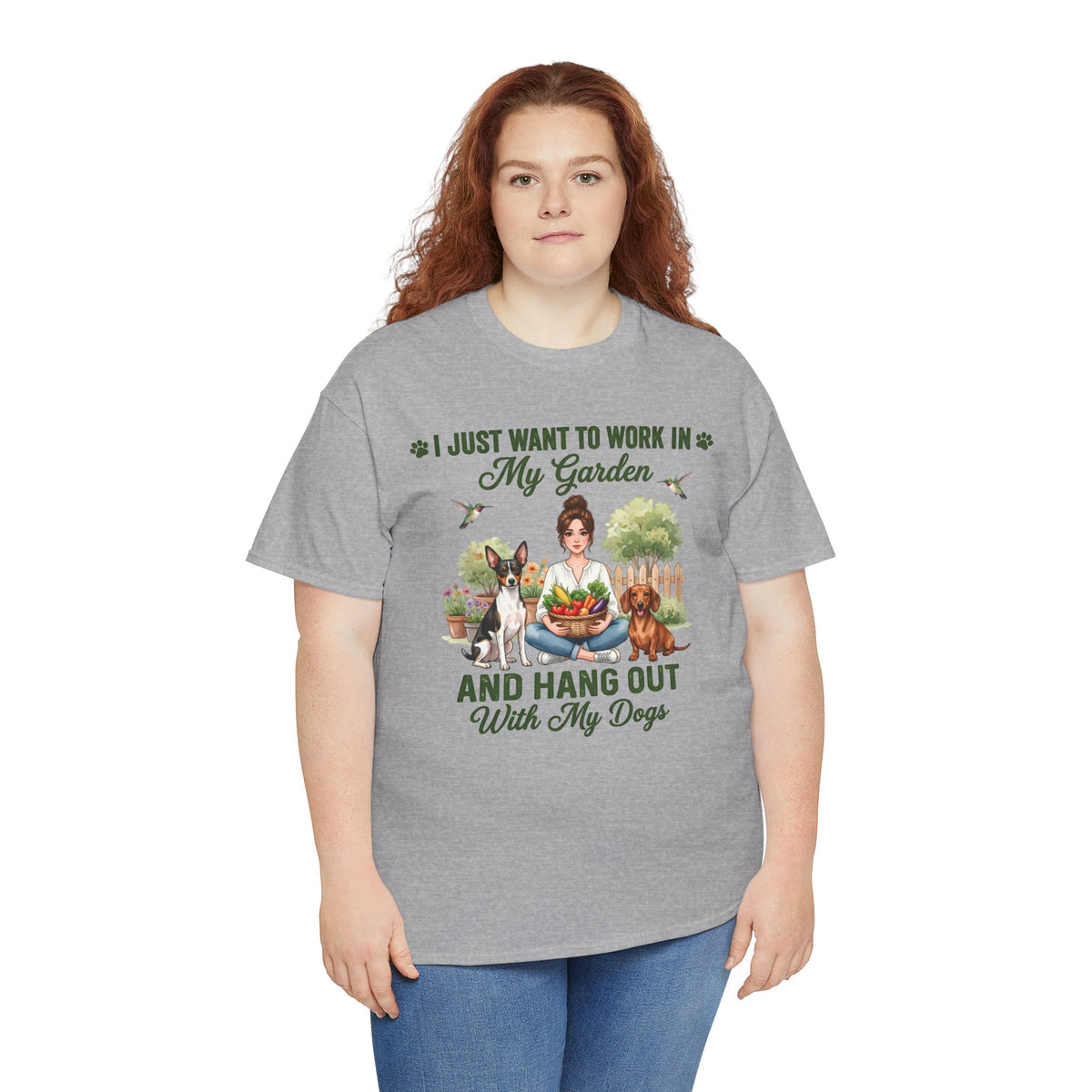 I Just Want to Work in My Garden and Hang Out With My Dogs Unisex T-Shirt — cheerful design showing a woman surrounded by fresh vegetables