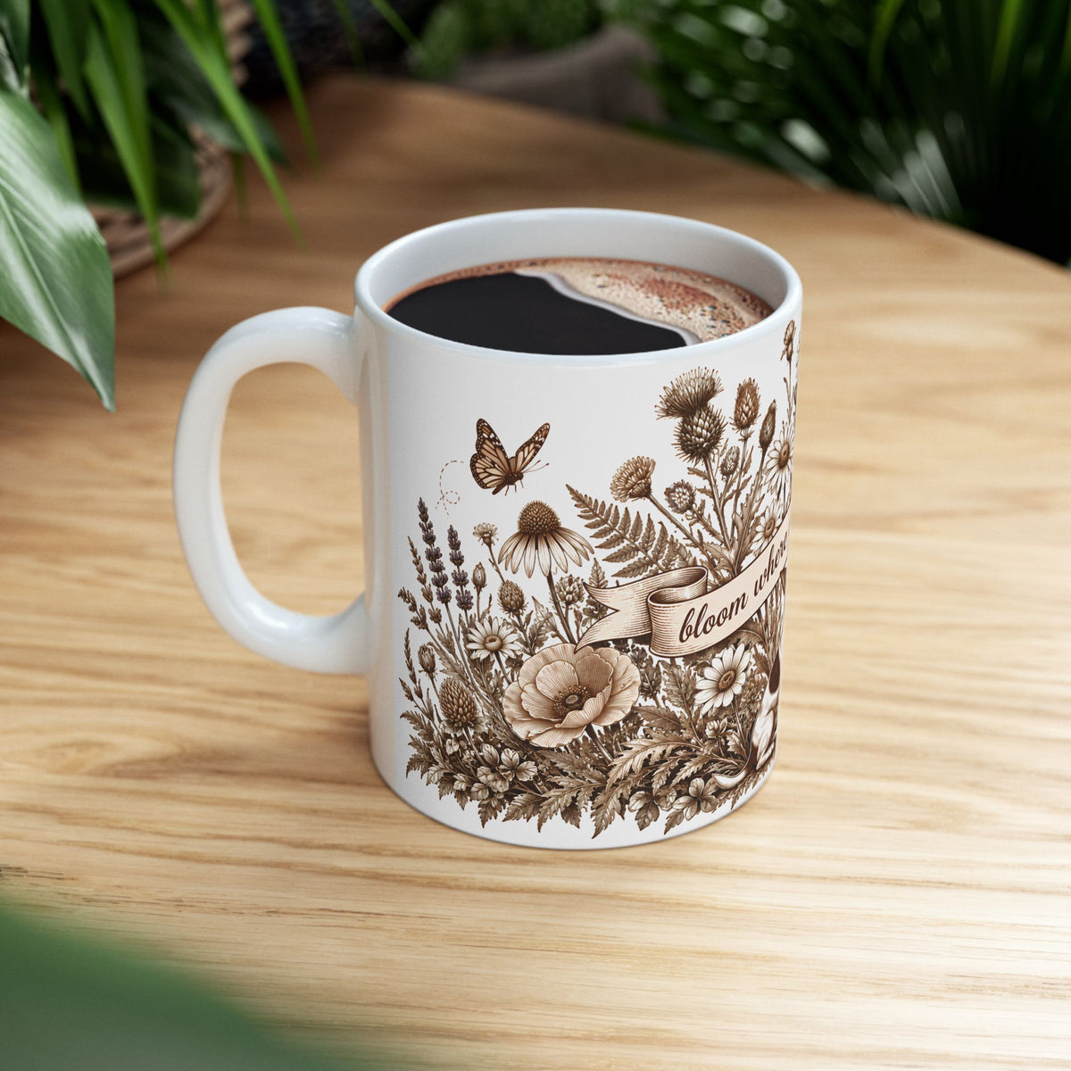Bloom Where You’re Planted Ceramic Mug — Floral Garden Dog Coffee Cup (11oz )
