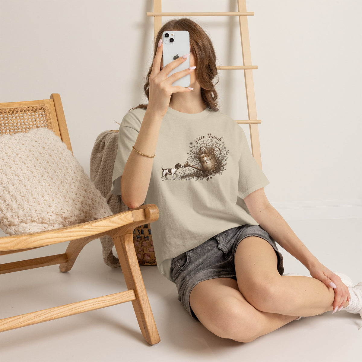 Green Thumb T-Shirt — Vintage Garden Watering Can & Puppy Graphic