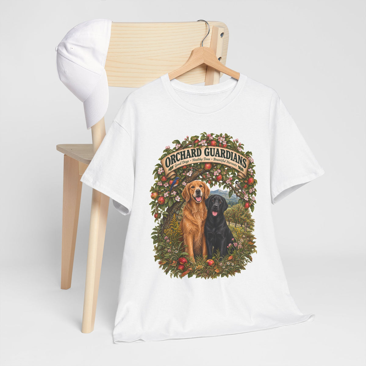 Orchard Guardians T-Shirt — Golden & Black Labrador Dog Tee