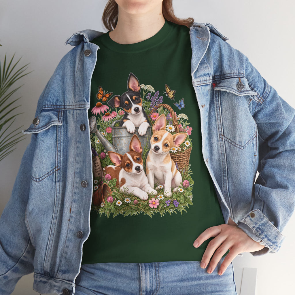 Rat Terrier Garden Tee — Cute Puppies & Floral Watering Can T-Shirt