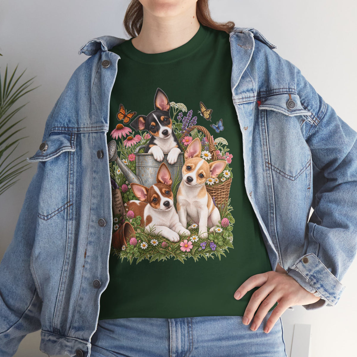 Rat Terrier Garden Tee — Cute Puppies & Floral Watering Can T-Shirt