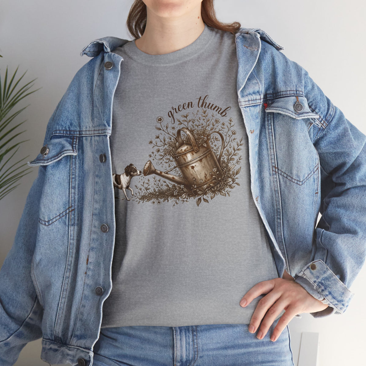 Green Thumb T-Shirt — Vintage Garden Watering Can & Puppy Graphic