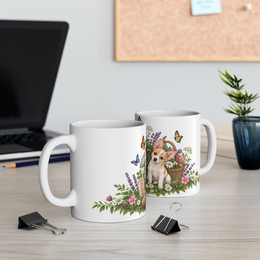 Rat Terrier Garden Ceramic Mug – Cute Puppies, Flowers & Watering Can (11oz)