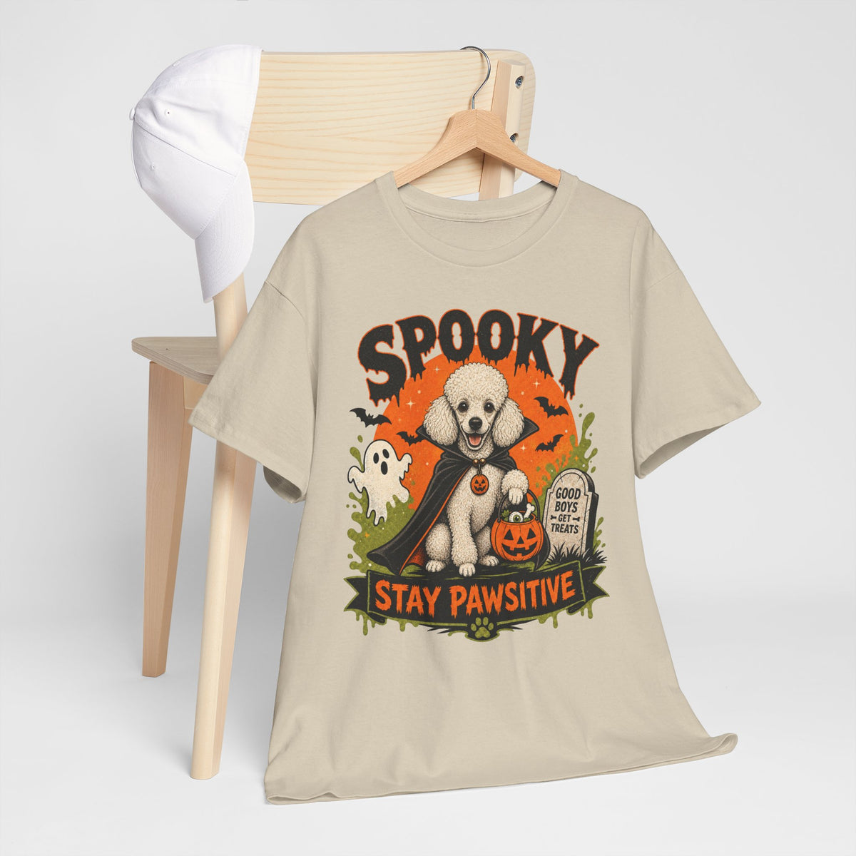 Spooky Stay Pawsitive Unisex T-Shirt — a vampire-caped white Poodle