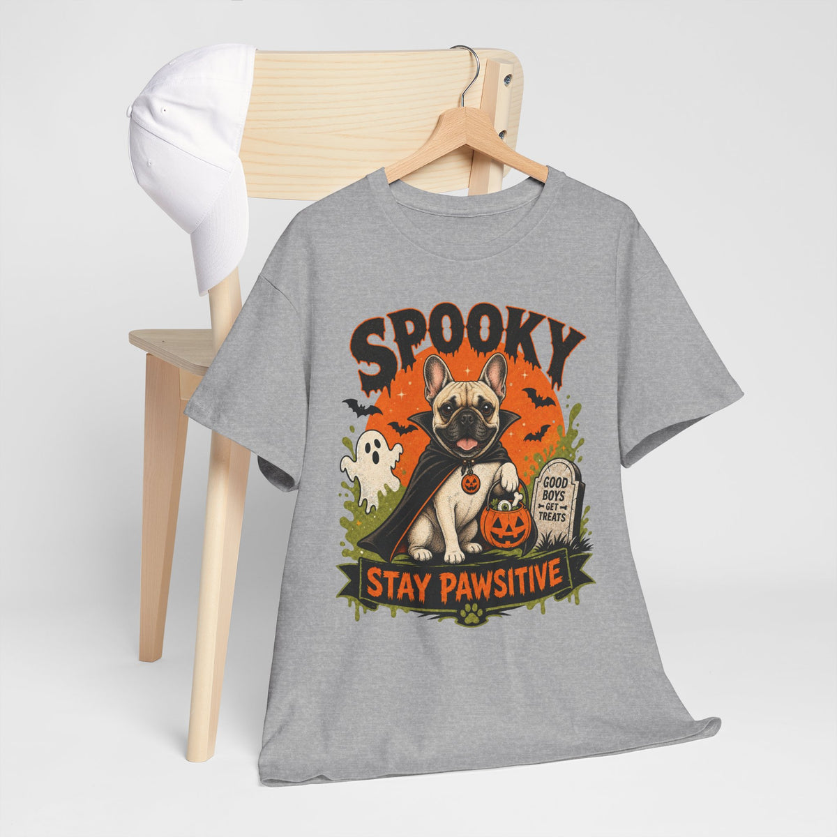 Spooky Stay Pawsitive Unisex T-Shirt — a vampire-caped French bulldog