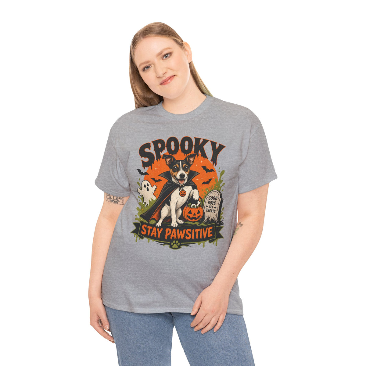 Spooky Stay Pawsitive Unisex T-Shirt — a vampire-caped Jack Russell Terrier