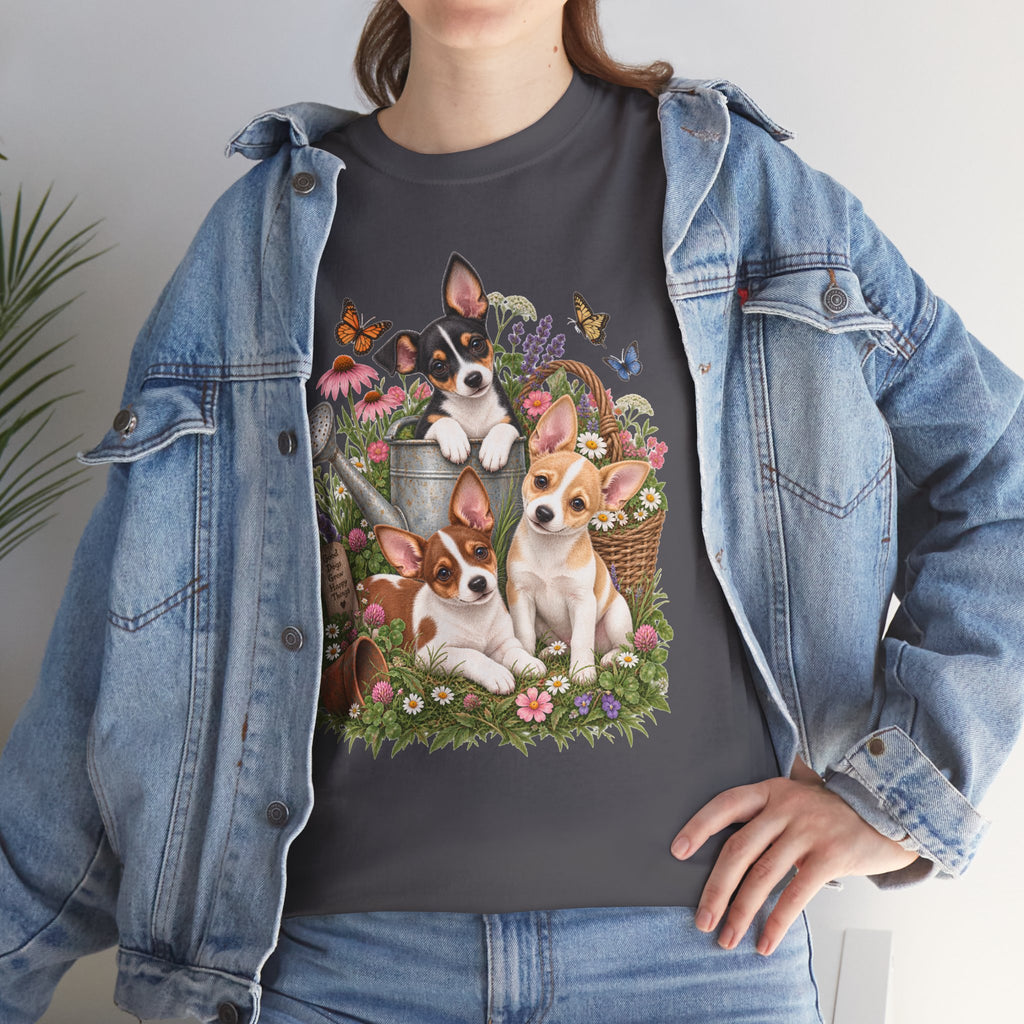 Rat Terrier Garden Tee — Cute Puppies & Floral Watering Can T-Shirt