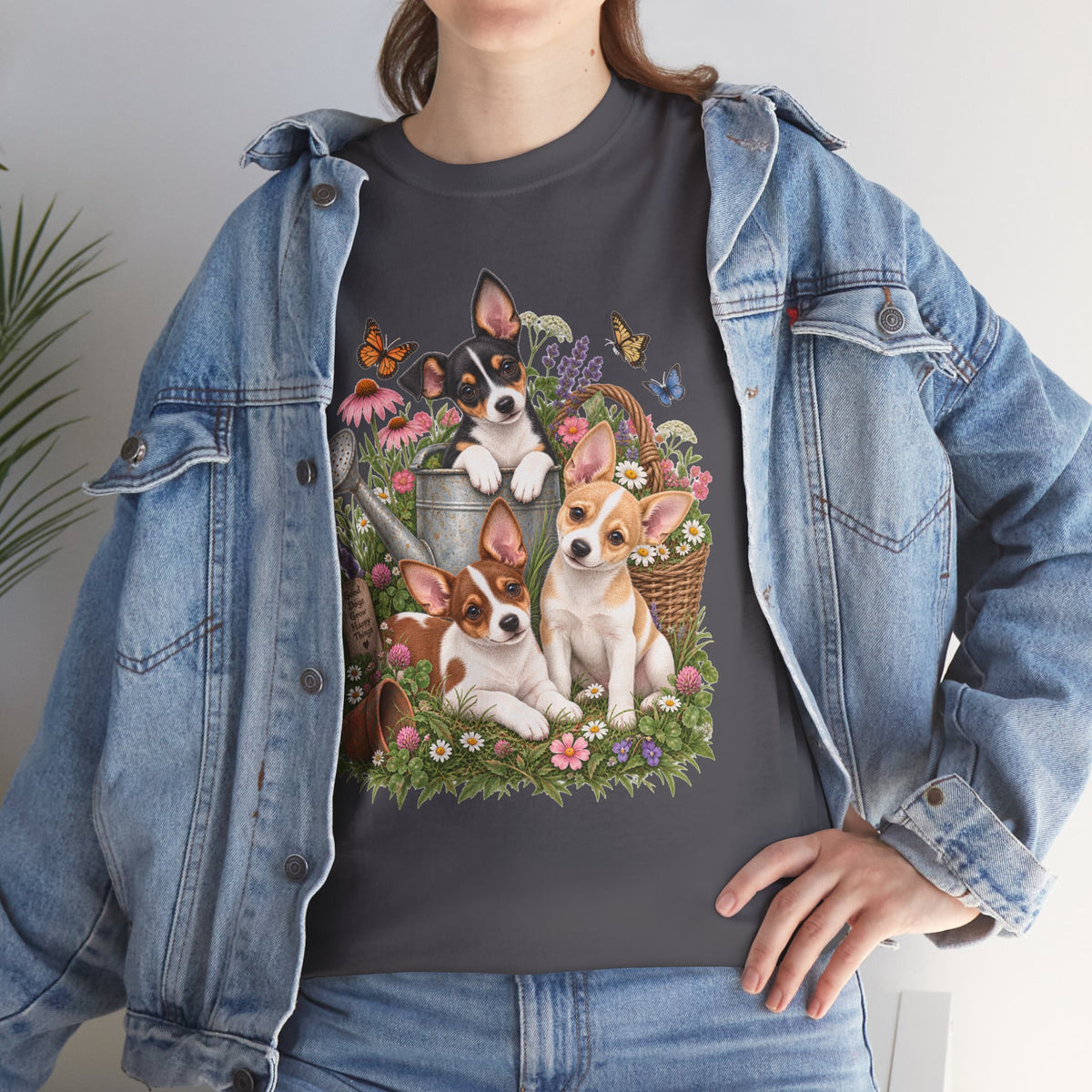 Rat Terrier Garden Tee — Cute Puppies & Floral Watering Can T-Shirt