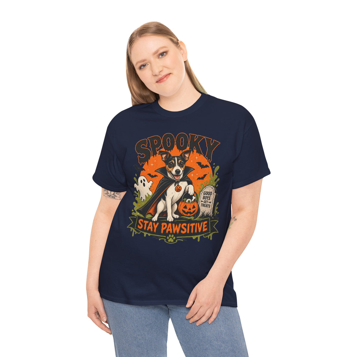 Spooky Stay Pawsitive Unisex T-Shirt — a vampire-caped Jack Russell Terrier