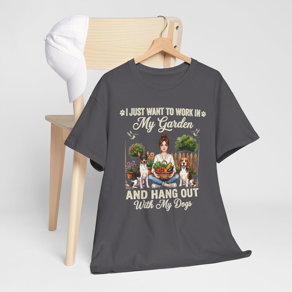 I Just Want to Work in My Garden and Hang Out With My Dogs Unisex T-Shirt — woman sits happily in her garden